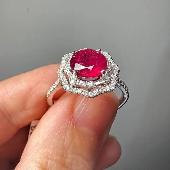 NWT 2.77ct genuine ruby with double halo diamonds in 14k white gold ring! - Picture 9 of 15